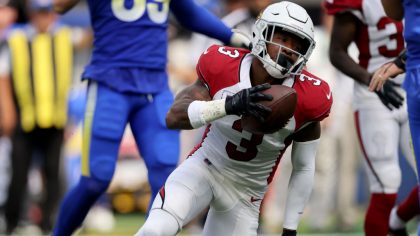 Budda Baker #3 of the Arizona Cardinals reacts to his fumble recovery during a 37-20 win over the L...