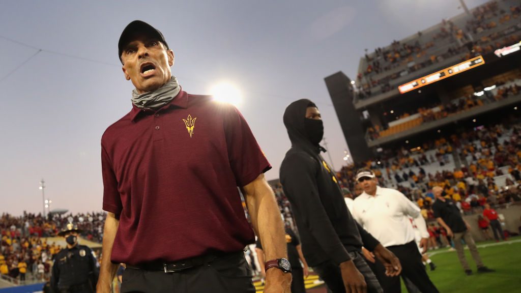 Head coach Herm Edwards of the Arizona State Sun Devils reacts on the field following the Territori...