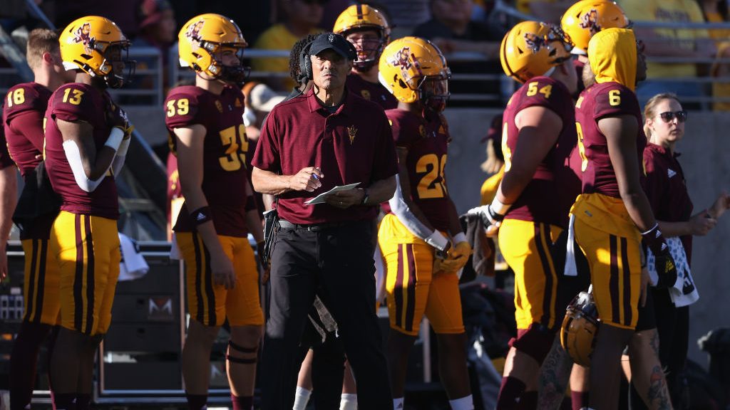 Head coach Herm Edwards of the Arizona State Sun Devils watches from the sidelines during the third...