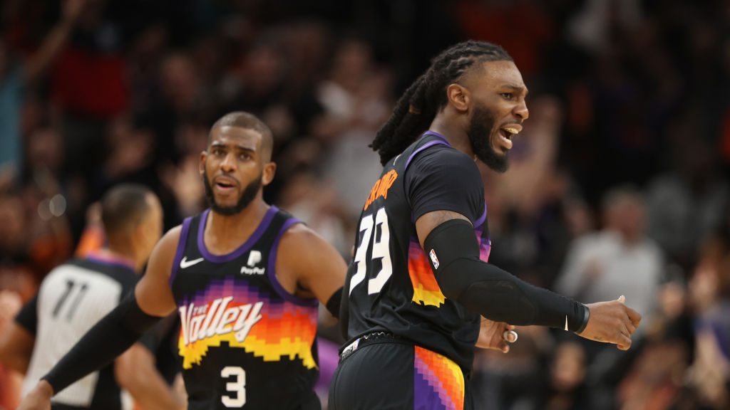 Jae Crowder #99 of the Phoenix Suns reacts after hitting a three-point shot against the Golden Stat...