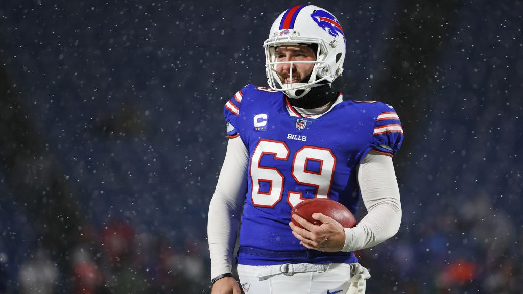 Reid Ferguson #69 of the Buffalo Bills warms up prior to the game against the New England Patriots ...