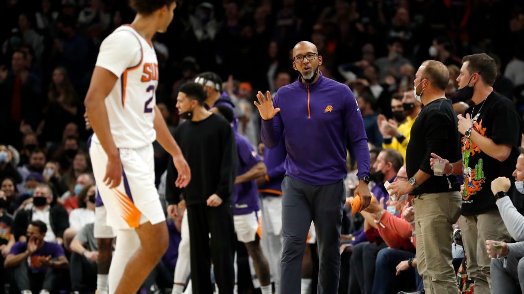 Head coach Monty Williams of the Phoenix Suns gestures to Cameron Johnson #23 during the fourth qua...