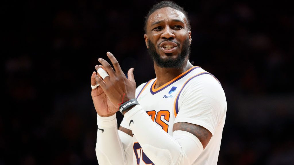 Jae Crowder #99 of the Phoenix Suns reacts against the Portland Trail Blazers during the first half...