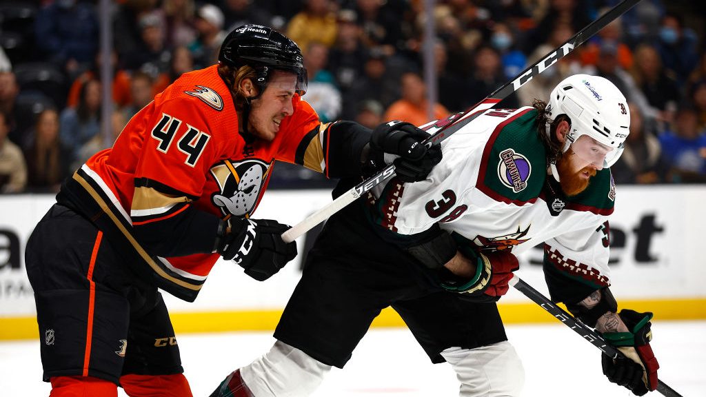 Max Comtois #44 of the Anaheim Ducks pushes Liam O'Brien #38 of the Arizona Coyotes during the firs...