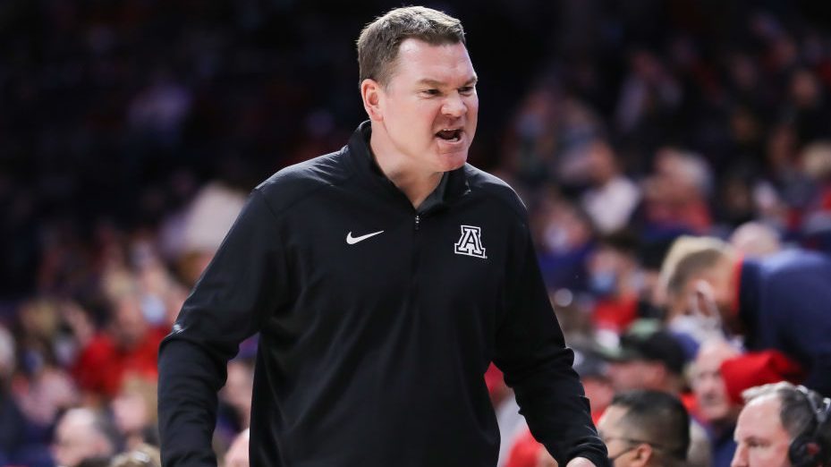 Head coach Tommy Lloyd of the Arizona Wildcats snarls at his bench during the first half of the NCA...