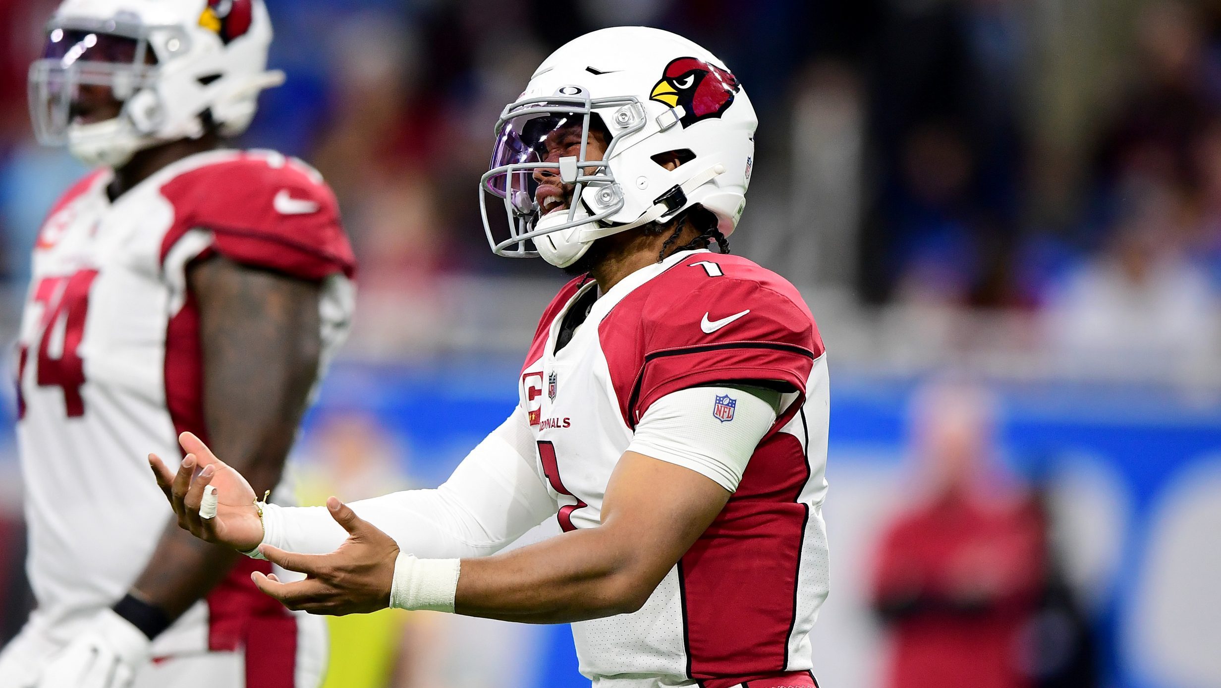 Kyler Murray #1 of the Arizona Cardinals reacts to a penalty in the fourth quarter of the game agai...