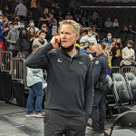 Warriors Head Coach Steve Kerr makes a phone call pregame 11/30/21 (Arizona Sports/Jeremy Schnell)