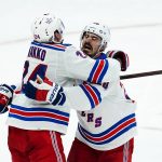 New York Rangers right wing Kaapo Kakko (24) celebrates his goal against the Arizona Coyotes with Rangers left wing Chris Kreider, right, during the third period of an NHL hockey game Wednesday, Dec. 15, 2021, in Glendale, Ariz. The Rangers won 3-2. (AP Photo/Ross D. Franklin)