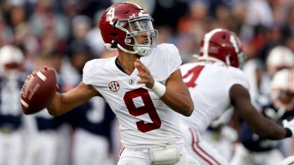 FILE -  Alabama quarterback Bryce Young (9) throws a pass against Auburn during the first half of a...