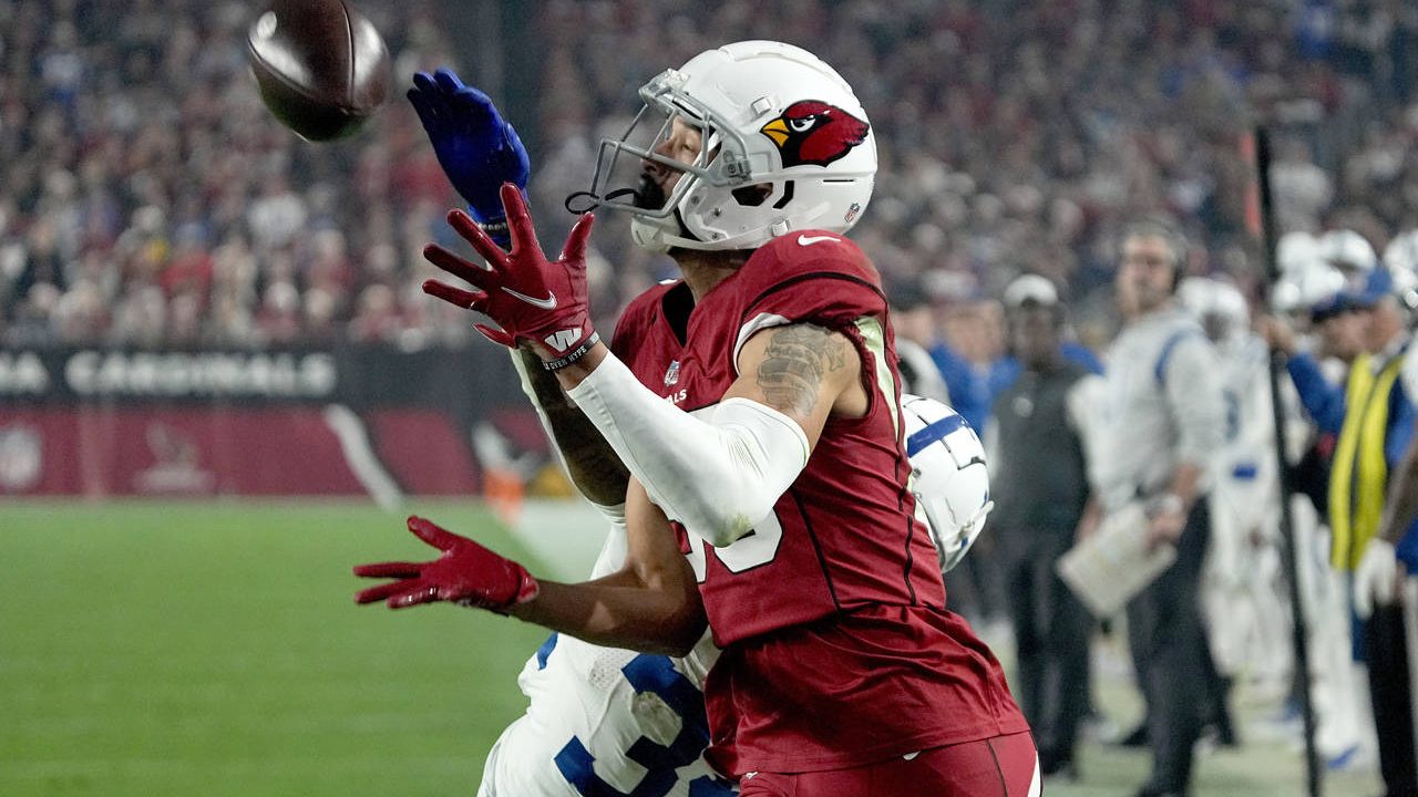 Arizona Cardinals wide receiver Antoine Wesley pulls in a touchdown pass as Indianapolis Colts corn...