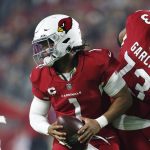 Arizona Cardinals quarterback Kyler Murray (1) looks for running room against the Los Angeles Rams as Cardinals guard Max Garcia (73) makes a block prior to an NFL football game Monday, Dec. 13, 2021, in Glendale, Ariz. (AP Photo/Ralph Freso)
