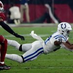 Indianapolis Colts running back Nyheim Hines (21) makes a catch as Arizona Cardinals cornerback Marco Wilson (20) defends during the first half of an NFL football game, Saturday, Dec. 25, 2021, in Glendale, Ariz. (AP Photo/Rick Scuteri)
