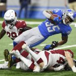Detroit Lions running back Godwin Igwebuike (35) is tackled during the first half of an NFL football game against the Arizona Cardinals, Sunday, Dec. 19, 2021, in Detroit. (AP Photo/Jose Juarez)