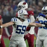 Indianapolis Colts linebacker Jordan Glasgow (59) motions to his bench after the Arizona Cardinals missed a field goal attempt during the first half of an NFL football game, Saturday, Dec. 25, 2021, in Glendale, Ariz. (AP Photo/Rick Scuteri)