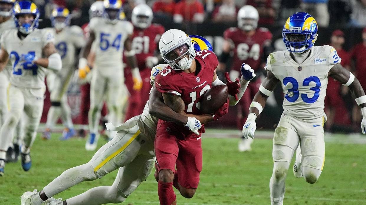 Arizona Cardinals wide receiver Christian Kirk (13) hauls in a long pass against Los Angeles Rams s...