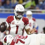 Arizona Cardinals quarterback Kyler Murray (1) scrambles during the first half of an NFL football game against the Detroit Lions, Sunday, Dec. 19, 2021, in Detroit. (AP Photo/Lon Horwedel)