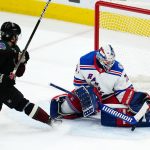 New York Rangers goaltender Keith Kinkaid (71) makes a save on a shot by Arizona Coyotes center Barrett Hayton (29) during the first period of an NHL hockey game Wednesday, Dec. 15, 2021, in Glendale, Ariz. (AP Photo/Ross D. Franklin)