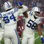 Indianapolis Colts middle linebacker Bobby Okereke (58) and defensive end Dayo Odeyingbo (54) celebrates a safety against the Arizona Cardinals during the first half of an NFL football game, Saturday, Dec. 25, 2021, in Glendale, Ariz. (AP Photo/Rick Scuteri)