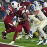 Arizona Cardinals running back James Conner (6) scores a touchdown as he gets past Los Angeles Rams inside linebacker Troy Reeder (51) during the first half of an NFL football game Monday, Dec. 13, 2021, in Glendale, Ariz. (AP Photo/Rick Scuteri)