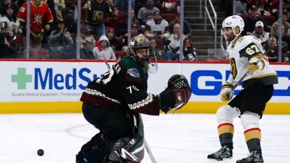 Vegas Golden Knights left wing Max Pacioretty (67) scores a goal against Arizona Coyotes goaltender...