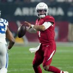 Arizona Cardinals quarterback Kyler Murray (1) throws against the Indianapolis Colts during the first half of an NFL football game, Saturday, Dec. 25, 2021, in Glendale, Ariz. (AP Photo/Ross D. Franklin)