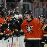 Anaheim Ducks center Trevor Zegras (46) celebrates after scoring a goal during the third period of an NHL hockey game against the Arizona Coyotes in Anaheim, Calif., Friday, Dec. 17, 2021. (AP Photo/Ashley Landis)