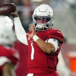 Arizona Cardinals quarterback Kyler Murray (1) throws prior to an NFL football game the Indianapolis Colts, Saturday, Dec. 25, 2021, in Phoenix. (AP Photo/Ross D. Franklin)