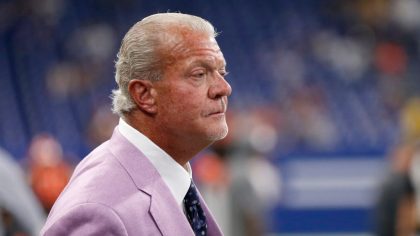 Indianapolis Colts owner Jim Irsay  on the field before the preseason game against the Cleveland Br...