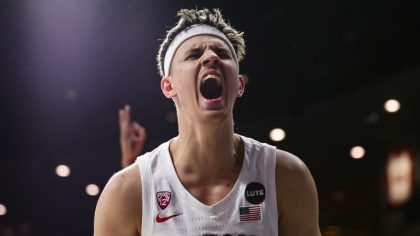 Guard Kerr Kriisa #25 of the Arizona Wildcats roars during the first half of the NCAAB game against...