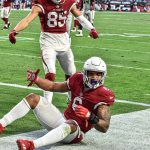 Cardinals RB James Conner sits in the endzone after scoring first TD against Seattle 1/09/22 (Jeremy Schnell/Arizona Sports)