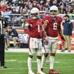 Cardinals QB Kyler Murray and RB James Conner stand in the backfield 1/09/22 (Jeremy Schnell/Arizona Sports)