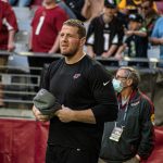 Cardinals DE J.J. Watt stands on sideline pregame while out with injury 1/09/22 (Jeremy Schnell/Arizona Sports)