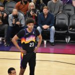 Phoenix Suns forward Cam Johnson looking at Referee 1/08/22 (Arizona Sports/Jeremy Schnell)