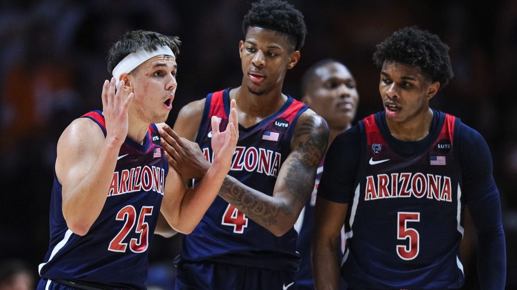 Arizona Wildcats guard Kerr Kriisa (25) reacts after being called for a technical foul during a gam...