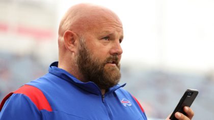 Offensive coordinator Brian Daboll of the Buffalo Bills looks on prior to the game against the Pitt...