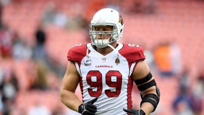J.J. Watt #99 of the Arizona Cardinals warms up prior to the game against the Cleveland Browns at F...