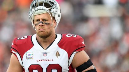 J.J. Watt #99 of the Arizona Cardinals looks on during the third quarter against the Cleveland Brow...