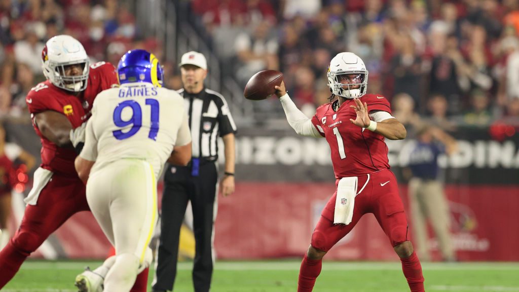 Quarterback Kyler Murray #1 of the Arizona Cardinals drops back to pass during the NFL game against...