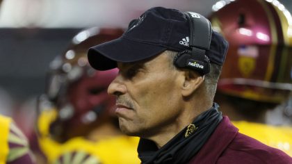 Head coach Herm Edwards of the Arizona State Sun Devils looks on during a timeout in the SRS Distri...