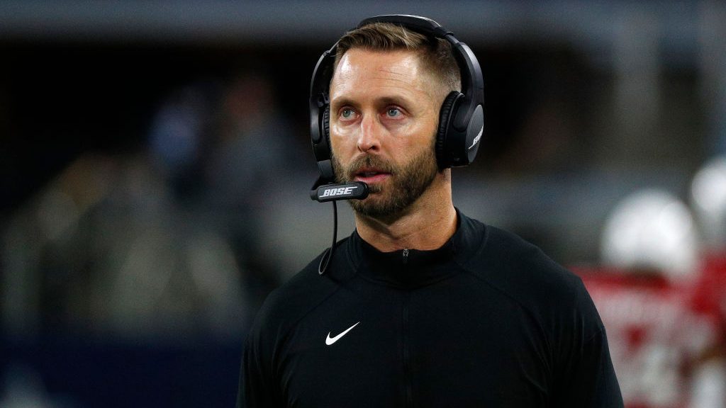 Head coach Kliff Kingsbury of the Arizona Cardinals  looks on during the second half against the Da...