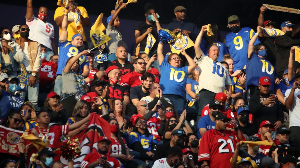 Fans react during the fourth quarter between the Los Angeles Rams and the San Francisco 49ers at So...