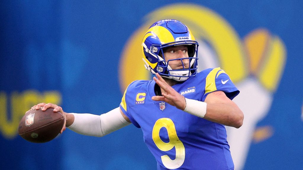 Matthew Stafford #9 of the Los Angeles Rams passes during a 27-24 loss to the San Francisco 49ers a...