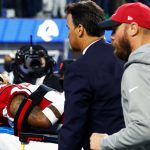 Budda Baker #3 of the Arizona Cardinals is carted off the field after an injury during the third quarter against the Los Angeles Rams in the NFC Wild Card Playoff game at SoFi Stadium on January 17, 2022 in Inglewood, California. (Photo by Ronald Martinez/Getty Images)