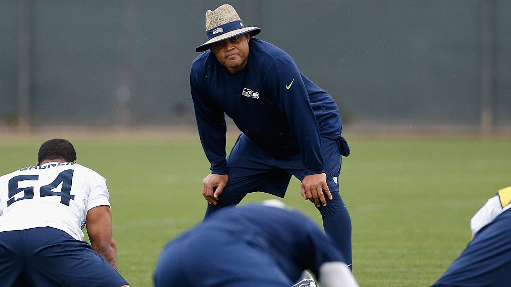 Linebacker coach Ken Norton Jr. of the Seattle Seahawks looks on during a practice at Arizona State...