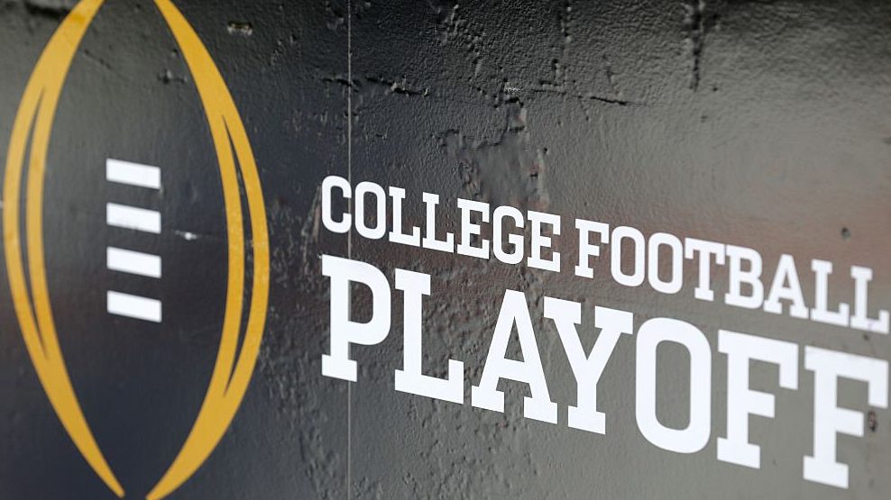 The College Football Playoff logo is seen before the 2017 College Football Playoff National Champio...