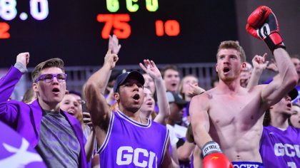 Grand Canyon Lopes fans cheer during a semifinal game of the Western Athletic Conference basketball...