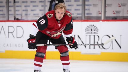 Ryan Dzingel #10 of the Arizona Coyotes warms up before the NHL game against the Columbus Blue Jack...