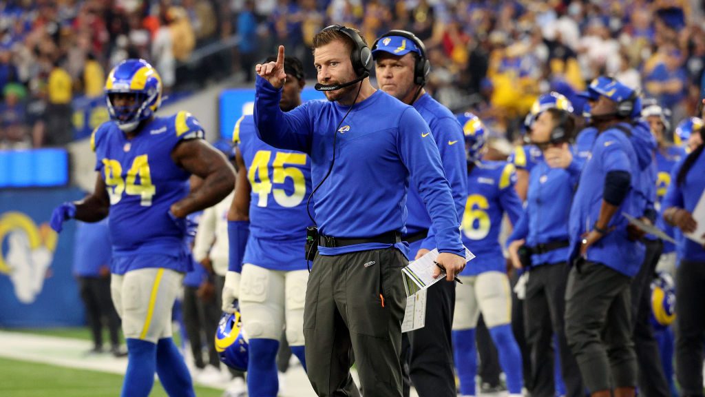 Head coach Sean McVay of the Los Angeles Rams reacts on the sidelines during a 27-24 loss to the Sa...