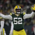 Green Bay Packers' Rashan Gary reacts after sacking San Francisco 49ers' Jimmy Garoppolo during the first half of an NFC divisional playoff NFL football game Saturday, Jan. 22, 2022, in Green Bay, Wis. (AP Photo/Aaron Gash)