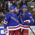 New York Rangers defenseman Jacob Trouba (8) celebrates his goal with defenseman K'Andre Miller (79) during the first period of the team's NHL hockey game against the Arizona Coyotes, Saturday, Jan. 22, 2022, at Madison Square Garden in New York. (AP Photo/Mary Altaffer)